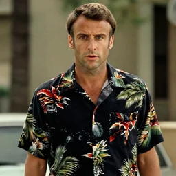 Emmanuel Macron wearing Hawaiian shirt in American Psycho (1999)