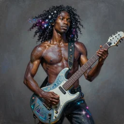 beautiful oil painting with high detail of a black man with long curly hair made of stars and nebulas, holding a futuristic electric guitar and art direction by James Cameron; by artgerm; wayne reynolds art station; cinematic quality character render; low angle; ultra high quality model; production quality cinema model; Fleshless