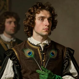 close - up young man, brown hair, in a vest with!!! embroidery ornament of peacock feather!!!, green gloves, 1 7 th century clothing, beautiful, cinematic lighting, highly detailed, oil painting, sharp focus, matte painting, renaissance painting, by kinkade, by alphonse mucha, by leyendecker, by rutkowsky,