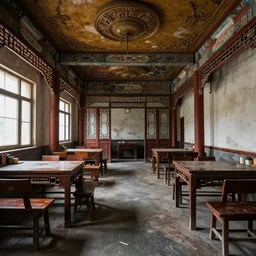 abandoned photograph, ornate chinese restaurant interior, two-point perspective