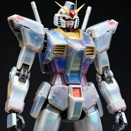 hyper realistic and detailed closeup photo of a gundam female android with segmented iridescent translucent panels by annie leibovitz