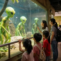 a zoo where humans are exhibit by aliens, aliens kid are visting human in the zoo, shocking, sadness