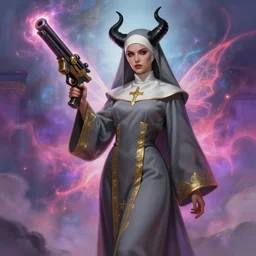 digital painting of female full body cleric demon nun with black horns holding fantasy gun character concept art, highly detailed art digital painting, cinematic, colorful, magic cloud atmospheric background, mystic fairy glow, grey cleric robe with golden embroidery grey nun veil cover with horns on top demon nun gunslinger, magdalena pagowska art castelvania art loputyn srasa final fantasy, fantasy game character design concept, realistic, art station, character design, 8 k