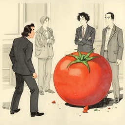 expressive and intensive, black ink & copic markers, vibrant muted colors, nostalgic still of [ steve buscemi ] [ mutated into a tomato ], sideview, long shot, by ( arthur adams ), by ( tom bagshaw ), by henry asencio, by kikuchi hideyuki, ukiyo - e