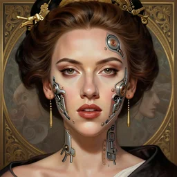 symmetry!! scarlett johansson, geisha, machine parts embedded into face, intricate, elegant, highly detailed, digital painting, artstation, concept art, smooth, sharp focus, illustration, art by artgerm and greg rutkowski and alphonse mucha, 8 k