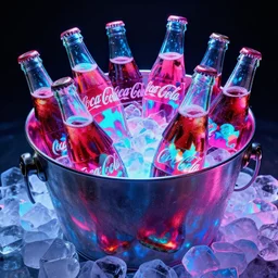 a beautiful masterpiece photograph of an ice bucket brimming with cold coca - cola bottles, containing glowing prismatic dazzle camouflage dayglo pink blue technicolor liquid, by andy warhol and francis picabia, volumetric lighting, rendered in octane, rendered in unreal engine, trending on artstation