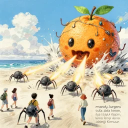 memorable animation key shot, illustration, paper texture, pencil lines, people flee as cell shaded spider tanks firing at a giant citrus golem covered in fishing wire, hooks and barnacles at the beach, shockwave, breaking the sound barrier, by mandy jurgens, by satoshi kon, ilya repin, lena aenami, shinji kimura, daylight pastel color palette, vibrant