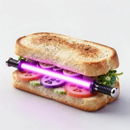 an extremely high quality photo of a surreal radioactive surreal neon_lightsaber_sandwich, a hybrid lightsaber-sandwich filled with lightsaber_neons and sandwichlightsaberneontubes, neontubesauce drizzled, drooping lightsaber_lettuce, glowing_sandwich filled with lights, promotional photo, 4k food photography