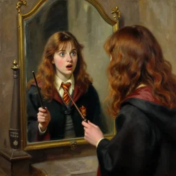 painting of a surprised woman dressed like harry potter, looking in mirror, holding wand, hogwarts interior in the background, by edmund blair leighton