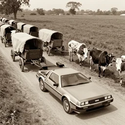 a birdseye sepia photograph of a delorean in a line with covered wagons and cattle