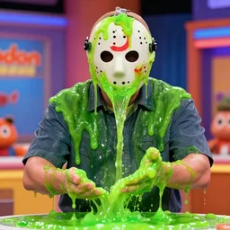 jason voorhees getting green slime poured on him during a nickelodeon game show, tv still