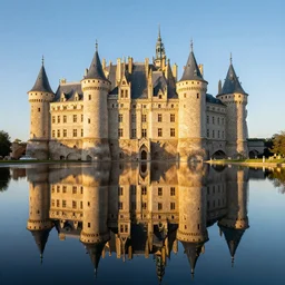 castle, chrome, reflect, ultra realistic!!!, clear weather, golden hour, sharp focus