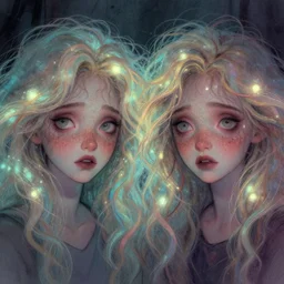 close up of a gloomy identical twins with tons of glowing freckles and glowing frizzy hair by disney concept artists, backlit, moody, intense, intricate, indie studio, fantasy, moody, rim lighting, godly light, pastel colors, emotional, sketch, fantastical, whimsical, noise, dappled light, stippling!!!