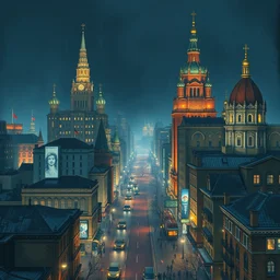 night city. highly detailed, digital painting, watercolor, soviet realism, engraving, artstation, concept art, sharp focus, illustration, unreal engine 5, 8 k, art by bilibin and kuvshinov and malevich and mucha