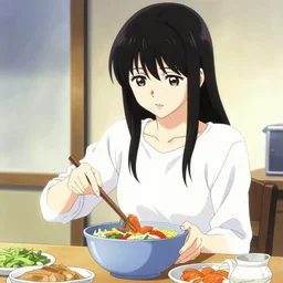 goth woman making dinner, color page, tankoban, 4 k, tone mapping, akihiko yoshida, james jean andrei riabovitchev marc simonetti, yoshitaka amano, long hair, curly, h. hydrochaeri
