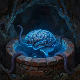 large brain in a shallow brick well, tentacles, dark cave room, blue bioluminescence, oil painting by greg rukowtski, detailed, blue lighting, dark, glowing water, eerie