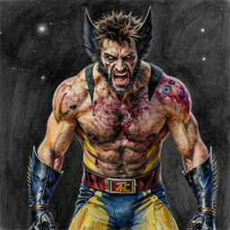hyper realistic colored pencil drawing of zombie wolverine, space background, unlimited detail, colored, space, dragon, intricate, detail, phoenix, orange by harumi hironaka art gem, cg society