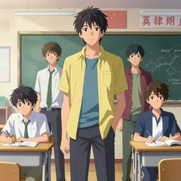 high school classroom scene spring setting, expert high detail concept art, perfect proportions fine face, tall handsome guys, bold colors, colorful, sharp focus, realistic shaded lighting poster ilya kuvshinov, katsuhiro, jeremy lipkin and michael germash, makoto shinkai, loish and clamp style, trending on art station, best selling artist