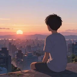 a boy sitting watching sunrise over a beautiful city, by yoshitaka amano and alena aenami, trending on artstation, 8 k, high resolution, insanely detailed and intricate, beautiful, matte painting, unreal engine