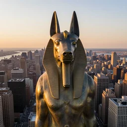 a giant anubis statue placed in new york, sunset, drone footage, sharp focus, professional photo