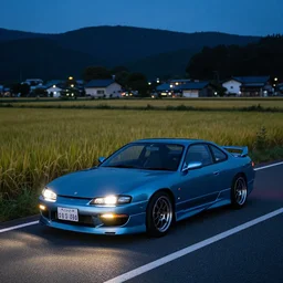 Beautiful Photograph of a Nissan Silvia  on a road in Japanese countryside, Night