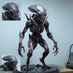 photo taken of an epic intricate, ultra detailed, super realistic gritty, wet, slimy, lifelike sculpture of a nightmarish hellish humanoid faced insectoid creature created by weta workshop, menacing, some zoomed in shots, photorealistic, sharp focus, white wall coloured workshop, extremely cold blueish colour temperature, f 0. 4, full body shot, golden ratio