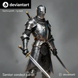 a drawing of a knight with two swords, concept art by senior concept artist, deviantart, sots art, deviantart, darksynth, deviantart hd