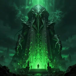 epic imposing tomb of cthulhu, dark skies, green ambient light, trending artstation, 4 k, masterpiece