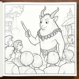 uncolored coloring book page depicting a friendly baphomet talking to a crowd