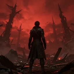 the end of the world, man standing in awe, backshot angle, chaos and destruction, fear, red sky, screenshot from darksouls