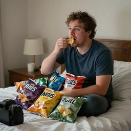 Gigachad man eating many bags of chips on his bed while watching TV, dslr photo
