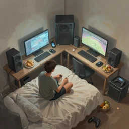 aerial view of a guy in his bedroom surrounded by electronics computers food video games, faded effect, highly detailed, digital painting, artstation, concept art, soft light, sharp focus, illustration