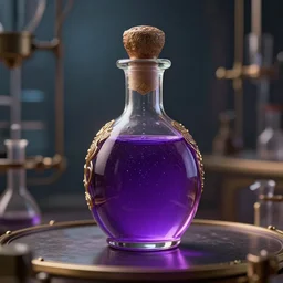 hyper realistic poison bottle, purple liquid inside. background is an ancient laboraory. perfect lighting. unreal engine 5 8 k render. hyper detailed, item concept, intricate, elegant, fantasy digital painting, artstation, smooth, cgsociety masterpiece