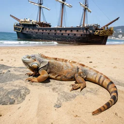 basque country beach, giant iguana sleeping on a beached spanish galleon