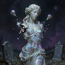 a holographic portrait of a gorgeous etherial female gothic cemetery statue breaking apart by Andrew Ferez and RHADS, metaphysical painting, cosmic horror, octane render, trending on cgsociety, featured on zbrush central, grotesque, digital painting, vanitas, new sculpture, mystical