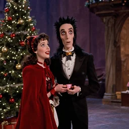 a cinematic still of a Christmas movie directed by Tim Burton