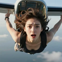 photo, young woman, falling from plane, scared face, camera view from beneath the person