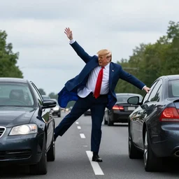 photograph of donald trump hitting cars on the highway