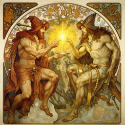 2 muscular attractive wizards playing magic, painting by gaston bussiere, craig mullins, greg rutkowski, alphonse mucha