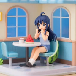 the most beautiful anime figurine of a beautiful watermelon diner, casual elegant decor, blue moe windows, angelic detail
