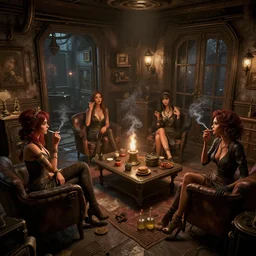 women in the interior of a steampunk apartment, by Milo Manara and Joe Madureira, 3d scene, render, ultra realistic, ray tracing, night time, volumetric light, smoking cigarettes, artstation, cgsociety, level design, unreal engine, 3d scene, zenith view