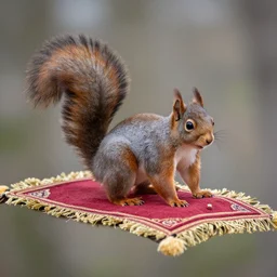 a squirrel riding a magic carpet