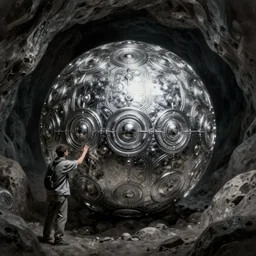 man discovering steel silver sphere in dark cave, intricate, elegant, highly detailed, digital painting, artstation, concept art, smooth, sharp focus, illustration, daren bader, aleksi briclot