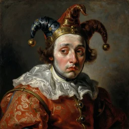 painting of sad jester, oil painting by, 1 9 th century, art, oil on canvas, wet - on - wet technique, baroque, realistic, intricate detail, expressive emotions, intricate textures, illusionistic detail