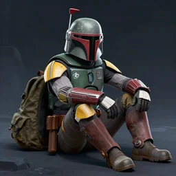 boba fett sitting on the ground with a backpack, cyberpunk art by dan mumford, cgsociety, space art, reimagined by industrial light and magic, 2 d game art, sketchfab