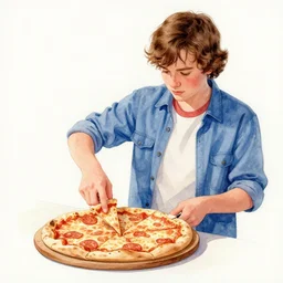 a watercolor painting of Steve Harrington from Stranger things making a pizza, ultra realistic