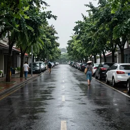 realistic photograph of walking around clean street, volumetric lighting, rain, summer, dark overcast weather, high detailed.