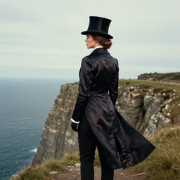 a woman costumed in top hat and silk tailcoat, looking at the horizon from the top of a cliff, octane