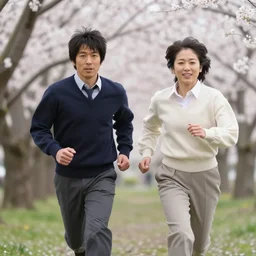 vfx movie scene closeup japanese couple running through cherry blossom forest, natural lighting by emmanuel lubezki