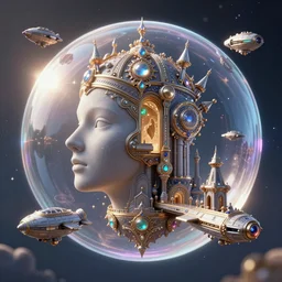 space ship, half soap bubble mind, half highly detailed ornate with jewels and precious metals futuristic, half sandman kingdom, half kingdom of dreams, space ships, hiperrealistc, global illumination, radiant light, steve dillon